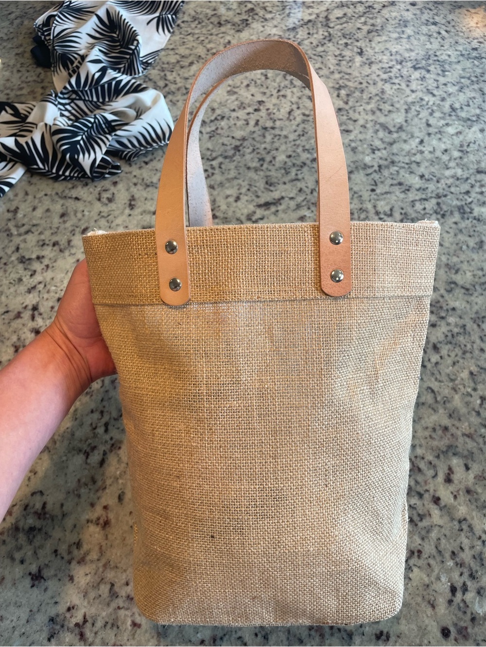New Natural Beige burlap Tote Bag with Tan genuine leather Handles